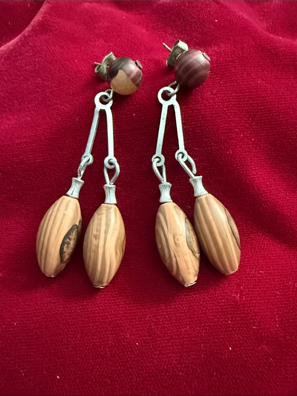 Handcrafted Wood Bead Drop Earrings - Beige Brown